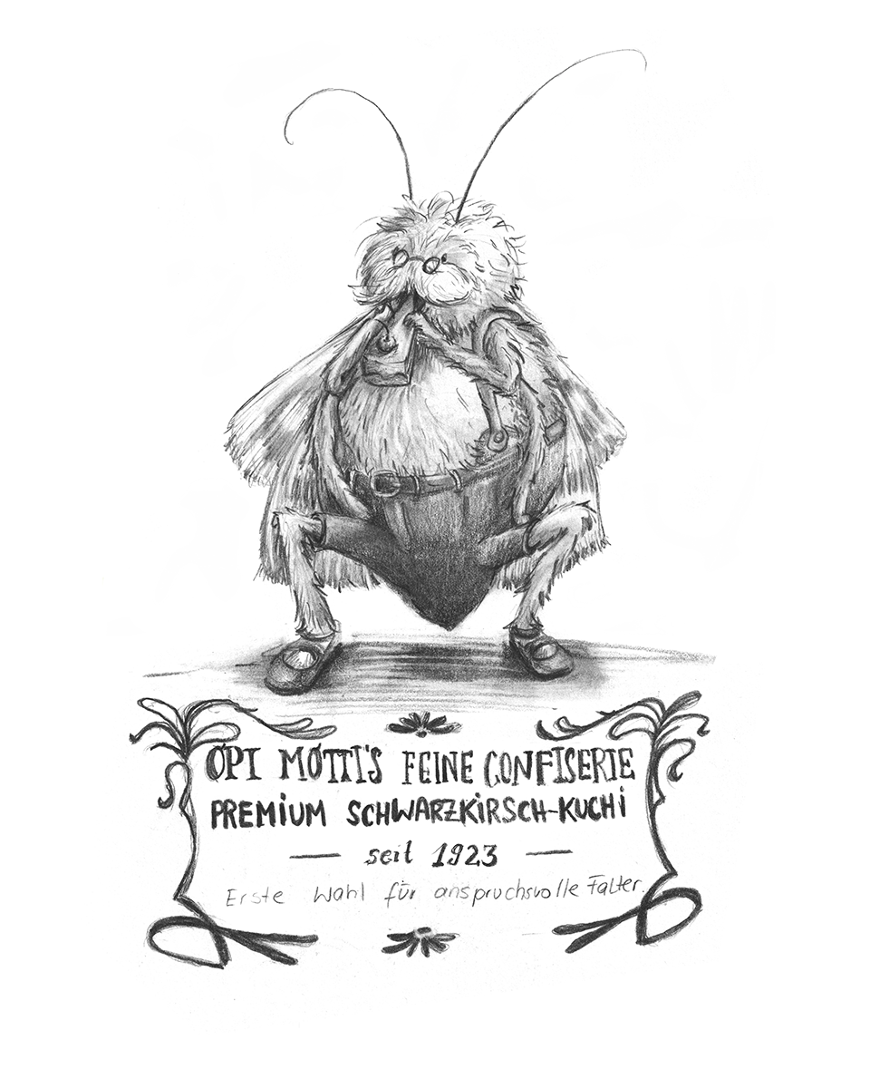 Illustration Mottencharakter Opa Motti